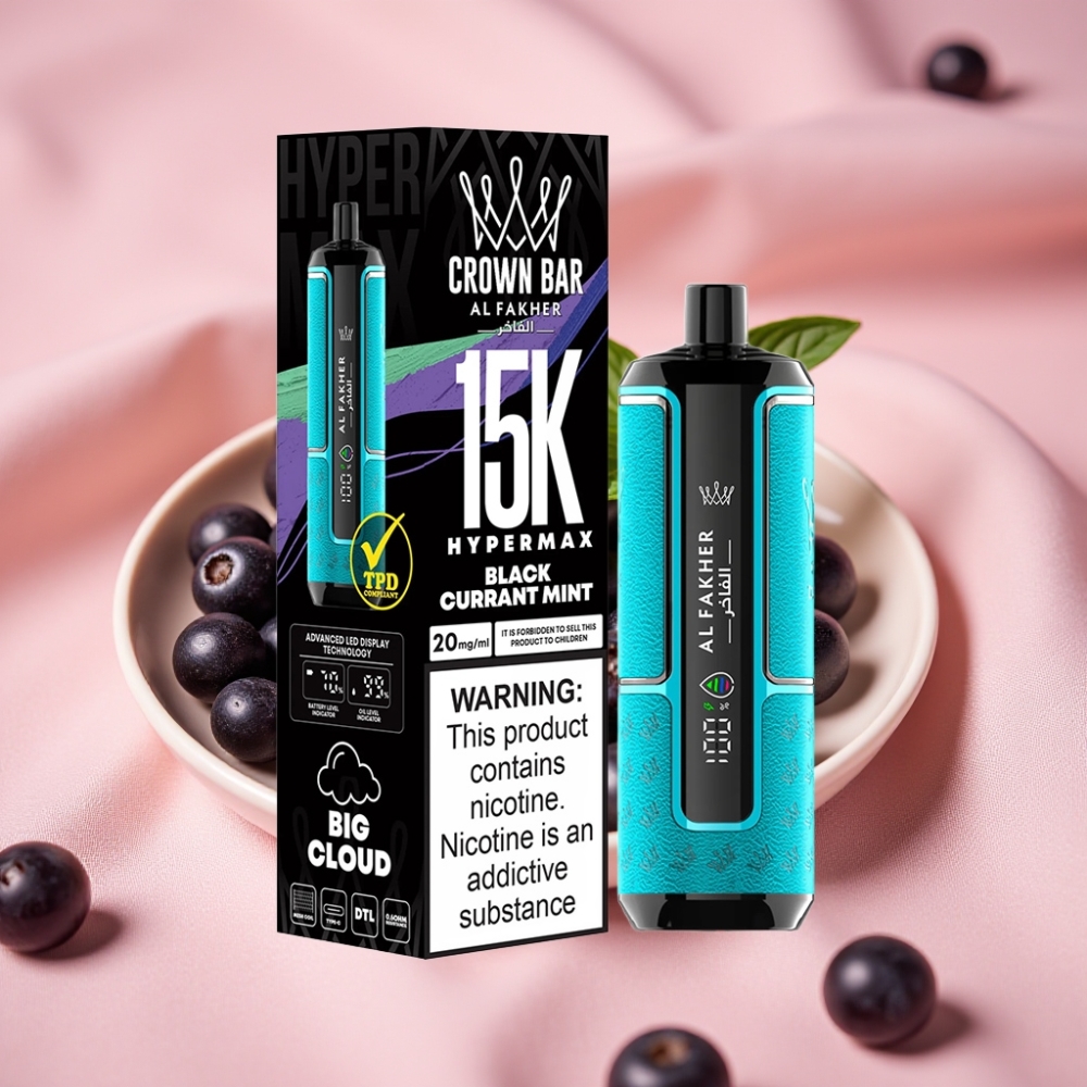 Al Fakher Crown Bar 15K Hypermax Wegwerf-Vape mit 22ml E-Liquid, 600mAh Akku, Typ-C-Ladung, DTL, Schwarzbeere-Minze