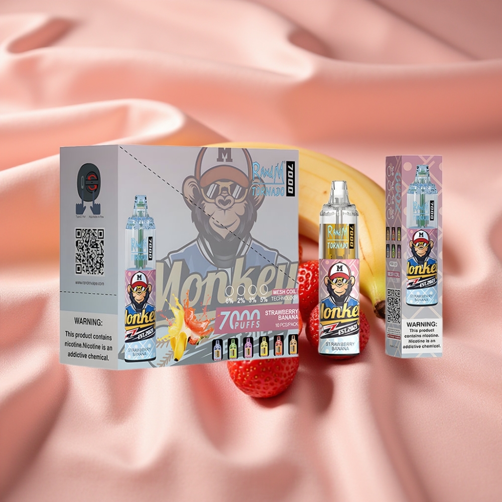 RandM Fumot Tornado 7000 Puffs Wegwerf-Vape Erdbeer-Banane mit 14 ML E-Liquid, 850 MAH, Mesh Coil, Typ-C, RGB, Luftregelung