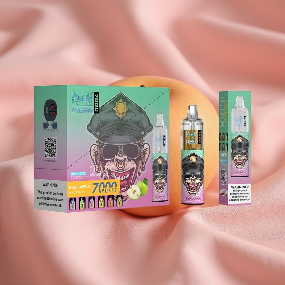 RandM Fumot Tornado 7000 Wegwerf-Vape Sauerapfel mit 14ML E-Liquid, 850MAH, Mesh Coil, Typ-C, RGB, Luftregelung
