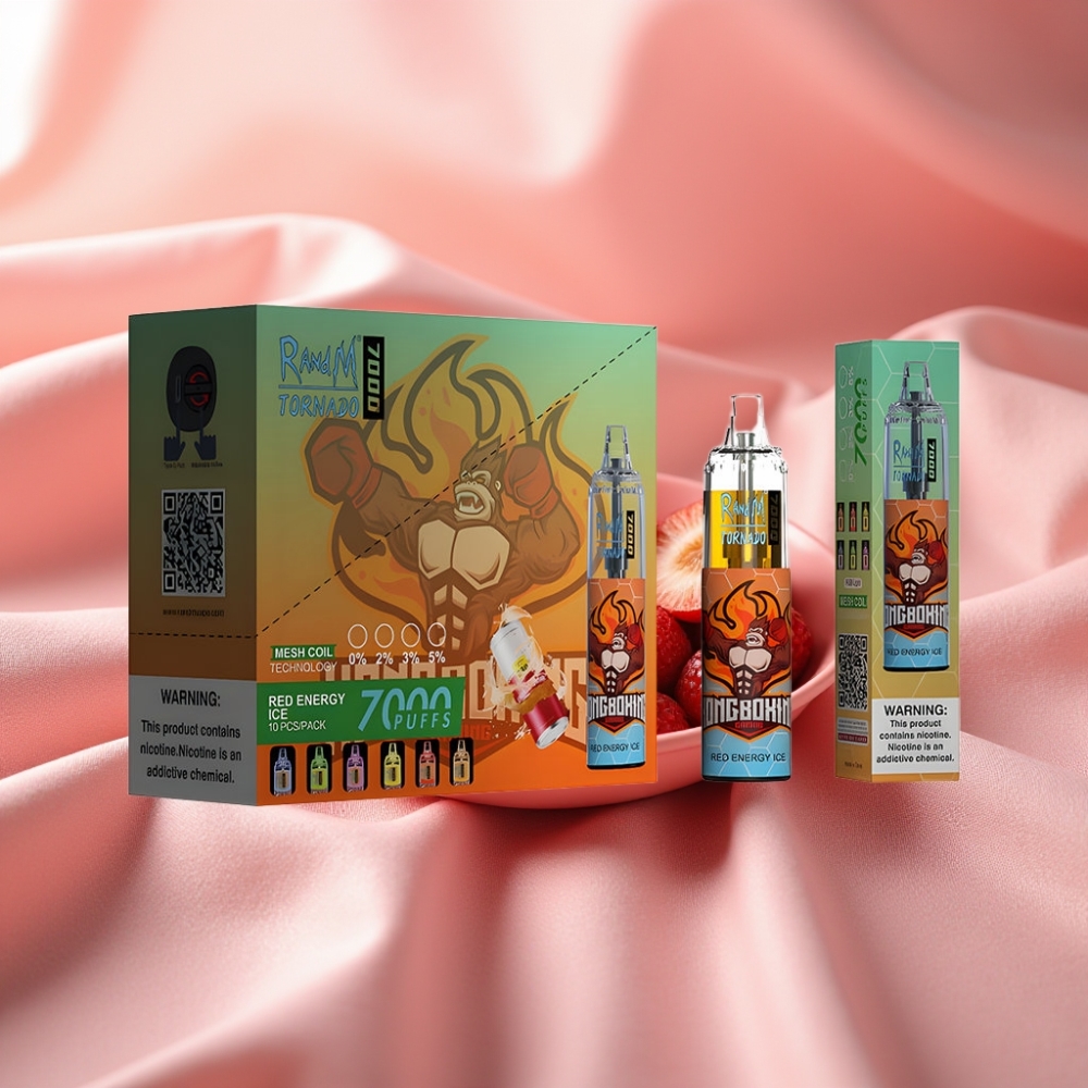 RandM Fumot Tornado 7000 Wegwerf-Vape mit 14 ML E-Liquid, 850 MAH Akku, Mesh Coil, Typ-C, RGB, Luftregelung, Rote Energie Eis