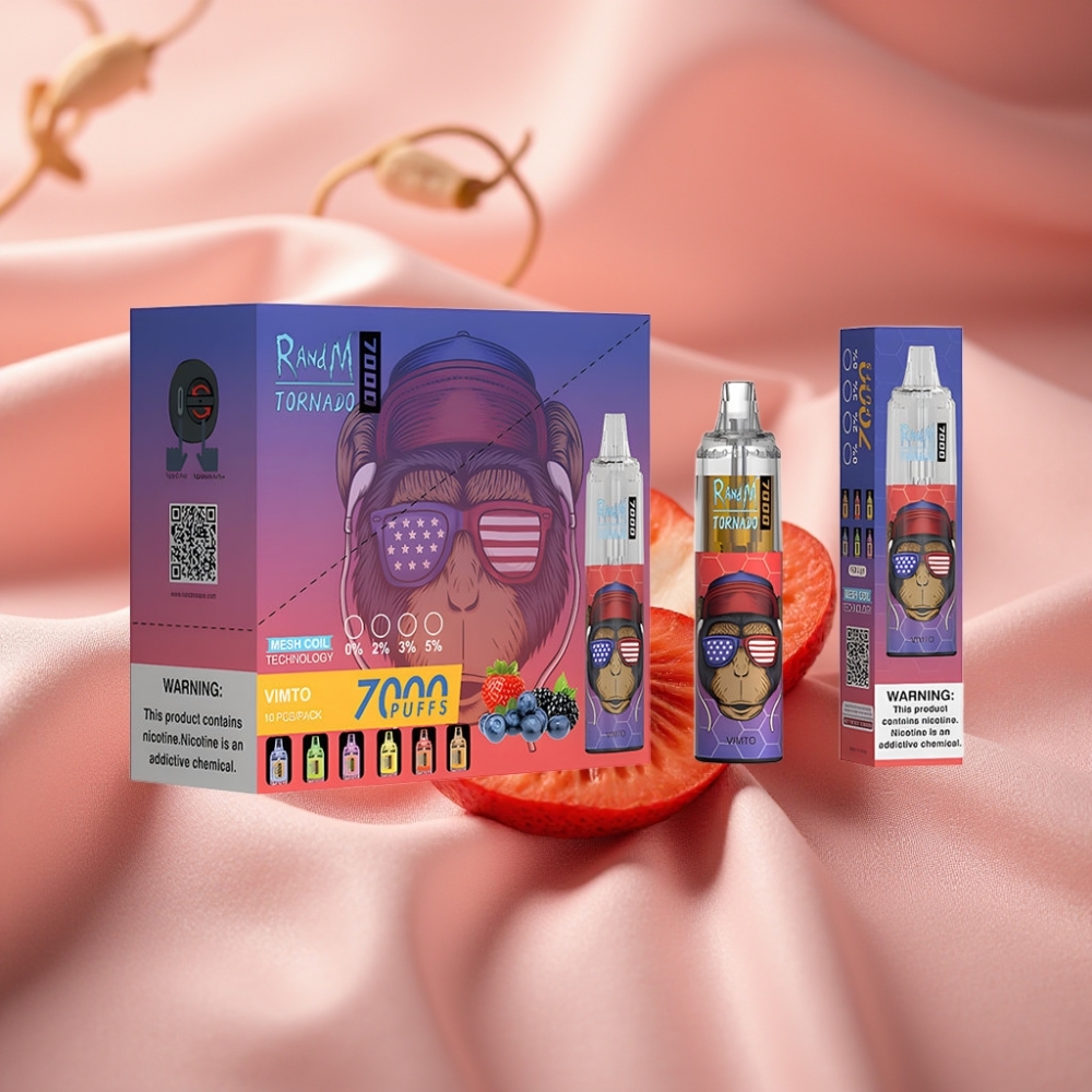 RandM Fumot Tornado 7000 Wiederbefüllbare E-Zigarette mit 14 ML E-Liquid, 850 MAH Akku, Mesh Coil, Typ-C-Anschluss, RGB-Licht, Luftstromregelung, Vimto