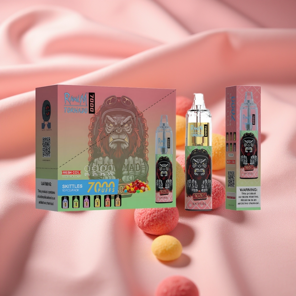 RandM Fumot Tornado 7000 Wiederbefüllbare E-Zigarette mit 14 ML Liquid, 850 MAH Akku, Mesh Coil, Typ-C-Anschluss, RGB-Licht, Luftstromregelung & Skittles-Geschmack