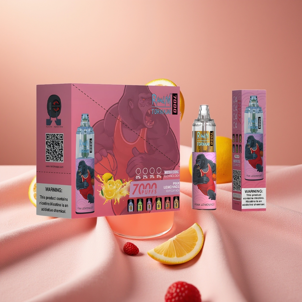 RandM Fumot Tornado 7000 Wiederbefüllbare E-Zigarette mit 14 ML Liquid, 850 MAH Akku, Mesh Coil, Typ-C-Anschluss, RGB-Licht, luftregulierbar, Rosa Limonade