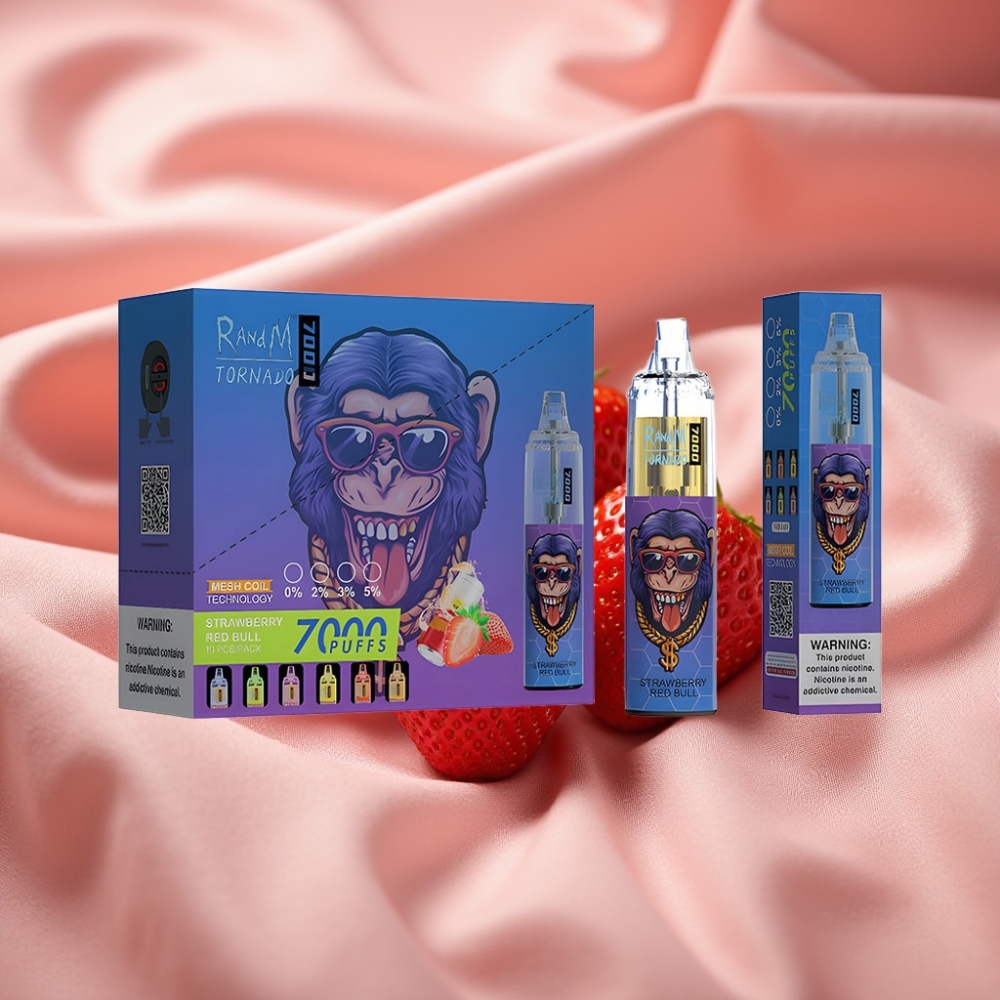 RandM Fumot Tornado 7000 Züge 14ML 850MAH Mesh Coil Typ-C RGB Luftregelung Erdbeer Red Bull