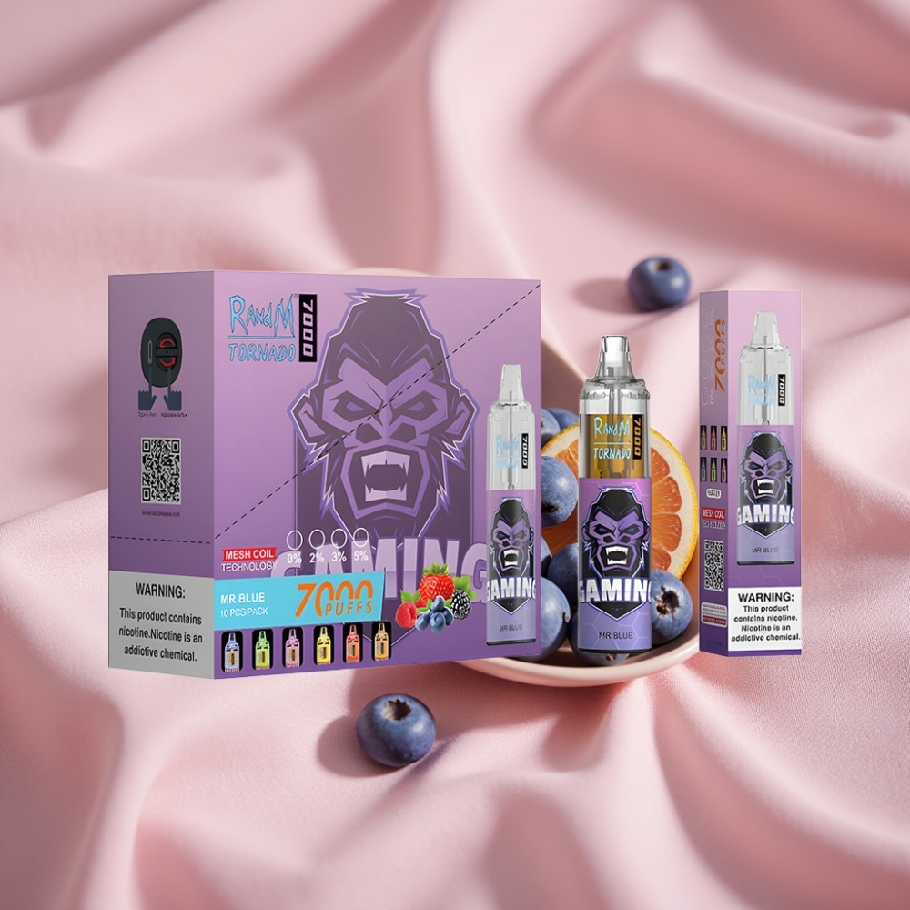RandM Fumot Tornado 7000 Züge 14ML E-Liquid 850MAH Mesh Coil Typ-C RGB Luftregelung Dr. Blau