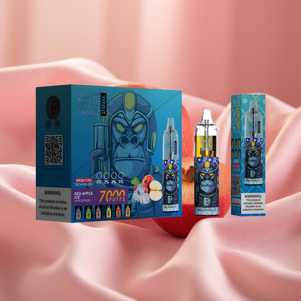 RandM Fumot Tornado 7000 Züge 14ML E-Liquid 850MAH Mesh Coil Typ-C RGB Luftregelung Roter Apfel Eis