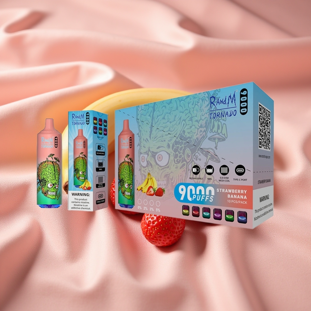 RandM Tornado 9000 Puffs 850 mAh 18 mL Mesh Coil RGB Display Erdbeer Banane