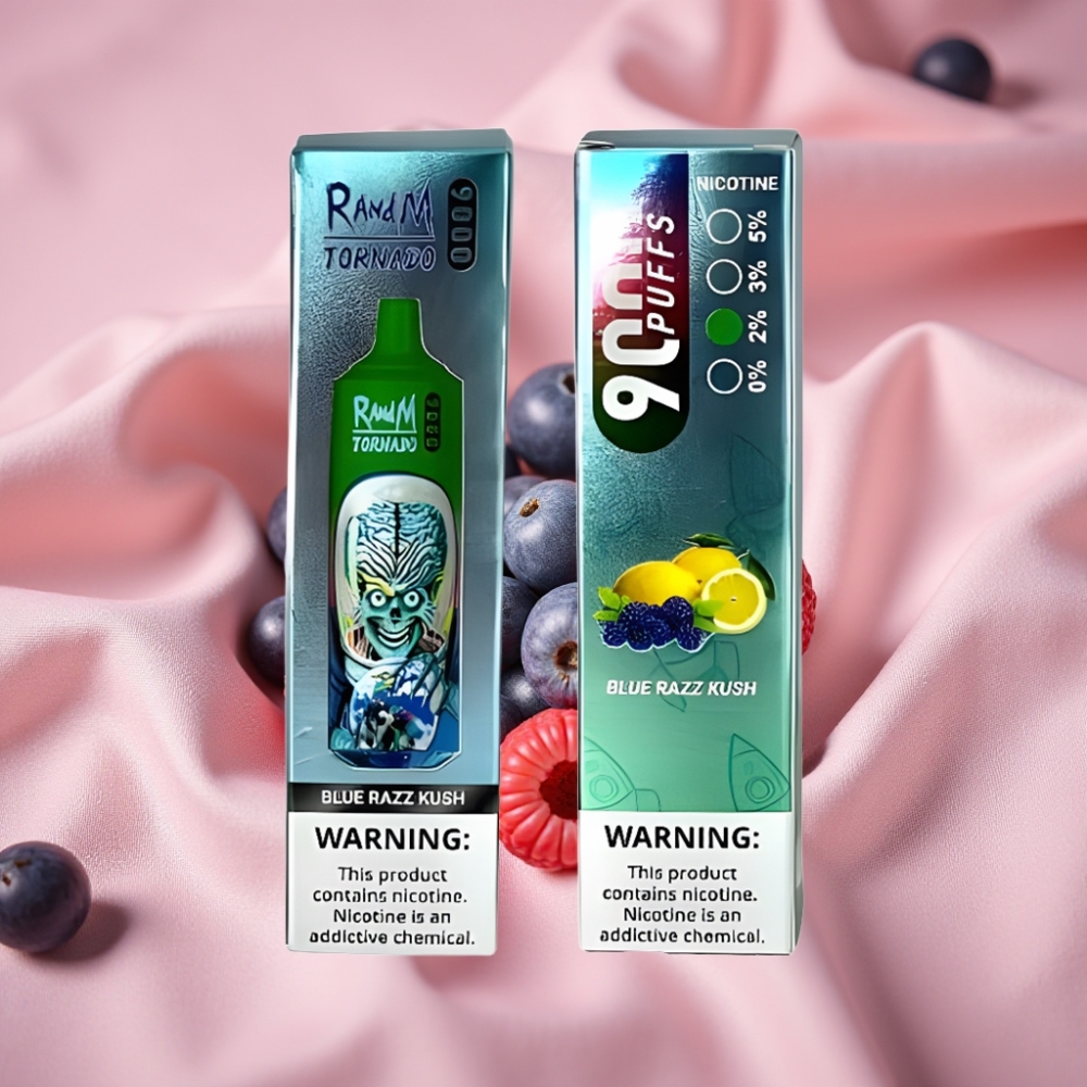 RandM Tornado 9000 Puffs Wiederaufladbar 850 mAh 18 mL Mesh Coil RGB Display Blaue Razz Kush