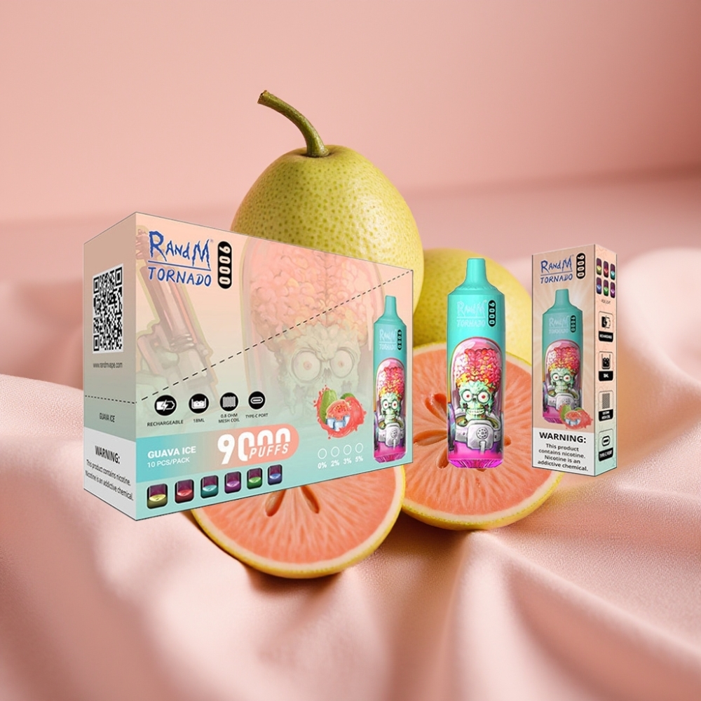RandM Tornado 9000 Puffs Wiederaufladbar 850 mAh 18 mL Mesh Coil RGB Display Guava Eis