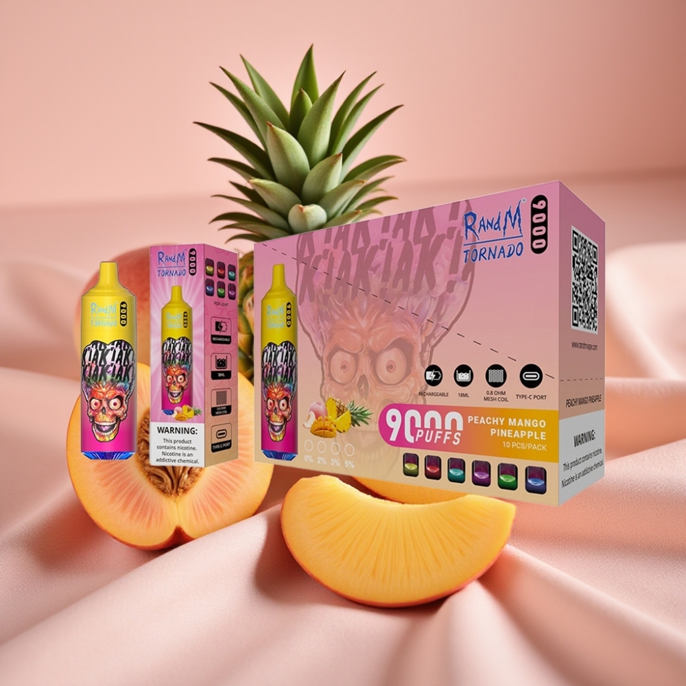 RandM Tornado 9000 Puffs Wiederaufladbar 850 mAh 18 mL Mesh Coil RGB Display Pfirsich Mango Ananas