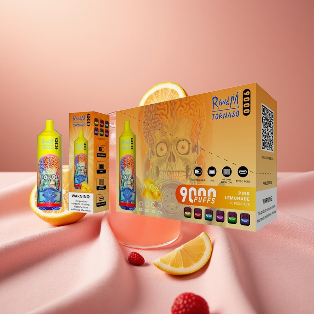 RandM Tornado 9000 Puffs Wiederaufladbar 850 mAh 18 mL Mesh Coil RGB Display Pinke Limonade