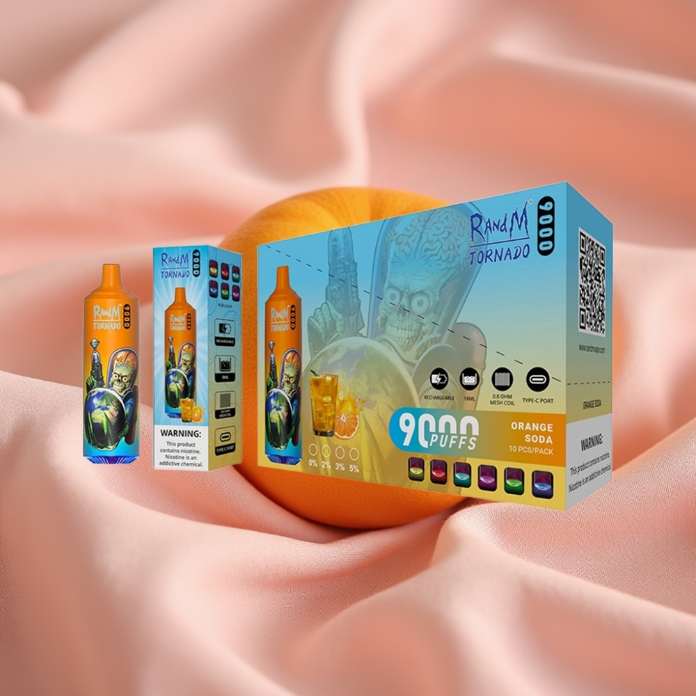 RandM Tornado 9000 Puffs wiederveraufladbar 18 mL Mesh Coil RGB Display Orangensoda