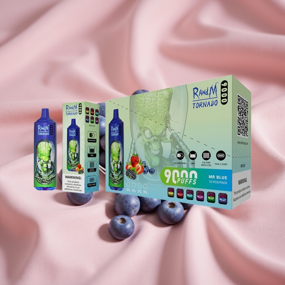 RandM Tornado 9000 Puffs wiederverwendbar mit 850 mAh Akku, 18 mL E-Liquid, Mesh Coil, RGB Display – Herr Blau