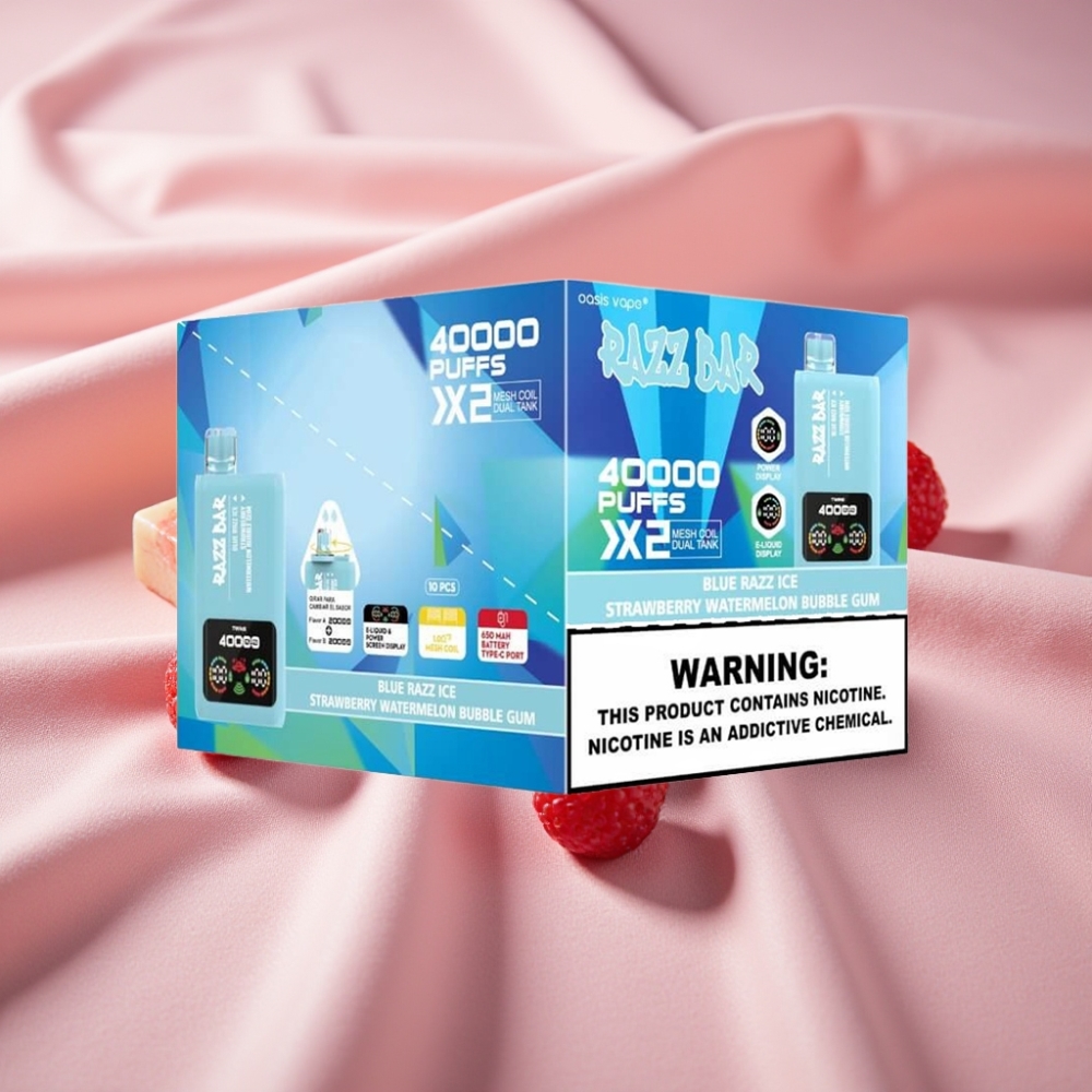 Razz Bar 40000 Puffs Disposable Vape Power Screen Display 1.0Ω×2 Mesh Coil 650mAh Type-C 2%/5% Nikotin BLAUER HIMBEER-EIS-ERDBEERE WASSERMELONE BUBBLEGUM