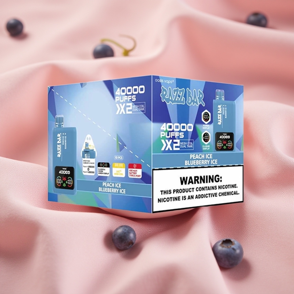 Razz Bar 40000 Puffs Disposable Vape mit Power Display, 1.0Ω×2 Mesh Coil, 650mAh, Typ-C, 2%/5% Nikotin, Pfirsich-Eis & Heidelbeer-Eis