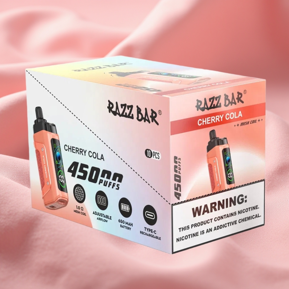 Razz Bar 45000 Puffs Disposable Vape Kirsch-Cola mit 1,0 Ohm Mesh Coil, einstellbarem Airflow und 650 mAh Akku