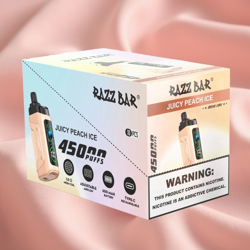 Razz Bar 45000 Puffs Einweg-Vape Saftiger Pfirsich Eis mit 1,0 Ohm Mesh Coil & Typ-C