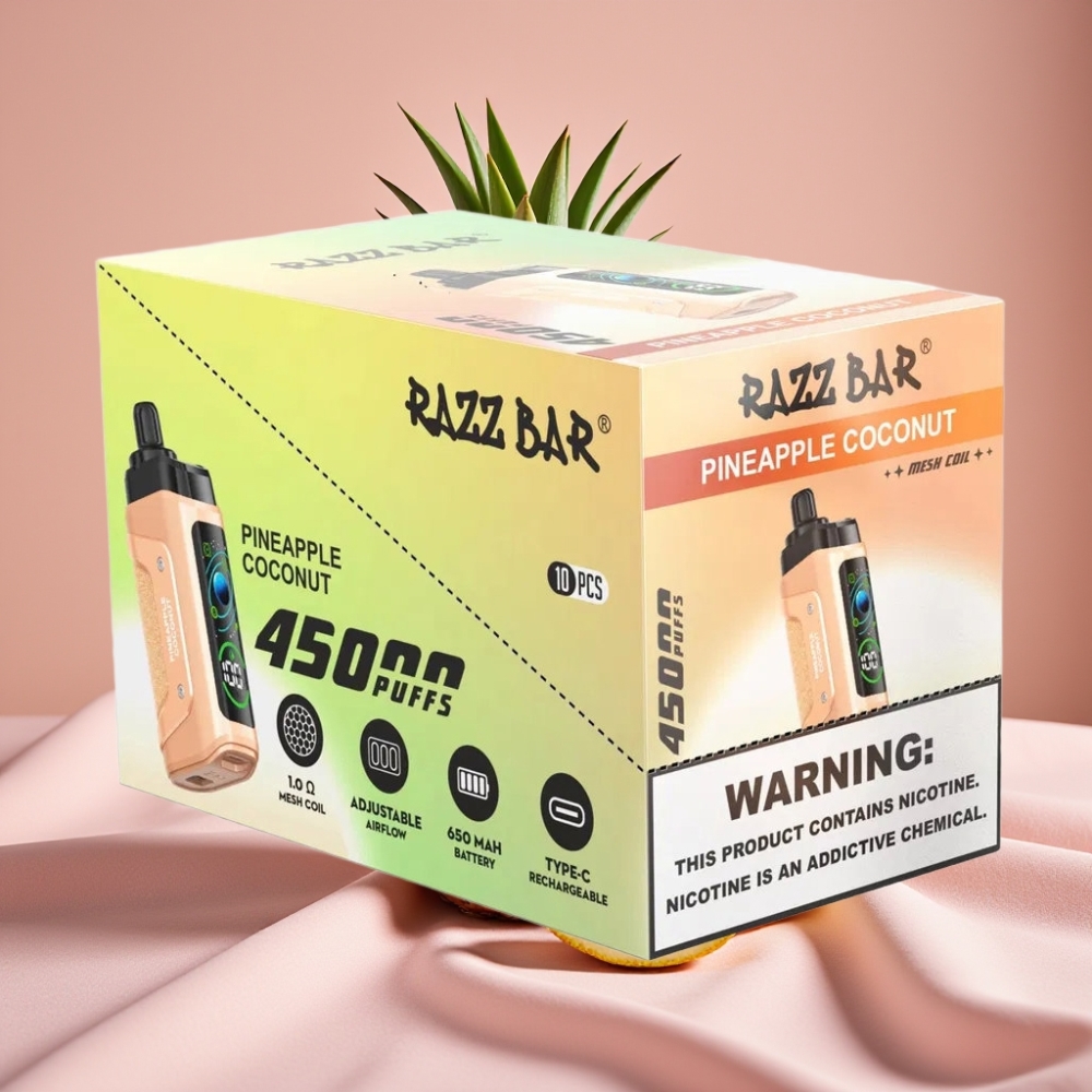 Razz Bar 45000 Puffs Wegwerf-Vape Ananas Kokos mit Mesh Coil, verstellbarem Luftstrom & Typ-C Ladung
