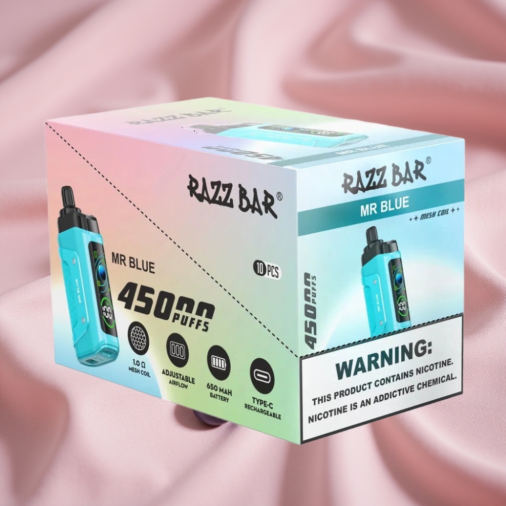 Razz Bar 45000 Puffs Wegwerf-Vape Herr Blau mit Mesh Coil, verstellbarem Luftstrom, 650 mAh, Typ-C, 20 mg/ml Nikotin