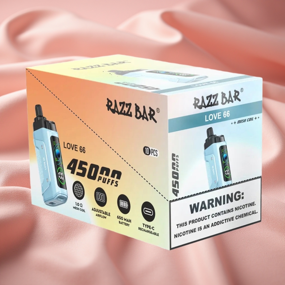 Razz Bar 45000 Puffs Wegwerf-Vape Liebe 66 mit Mesh Coil, verstellbarer Luftzug & Typ-C