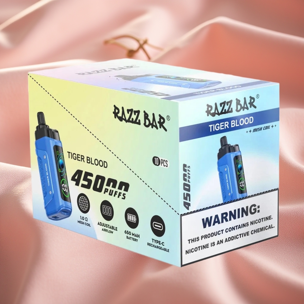 Razz Bar 45000 Puffs Wegwerf-Vape Tigerblut mit 1,0 Ohm Mesh Coil, verstellbarem Luftzug & Typ-C Ladung