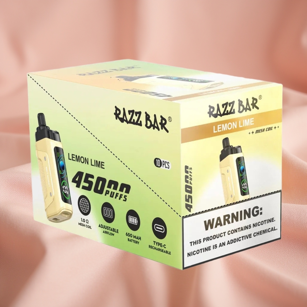 Razz Bar 45000 Puffs Wegwerf-Vape Zitrone-Limette mit 1,0 Ohm Mesh Coil, verstellbarem Luftstrom, 650 mAh Akku, Typ-C Ladung, 20 mg/ml Nikotin