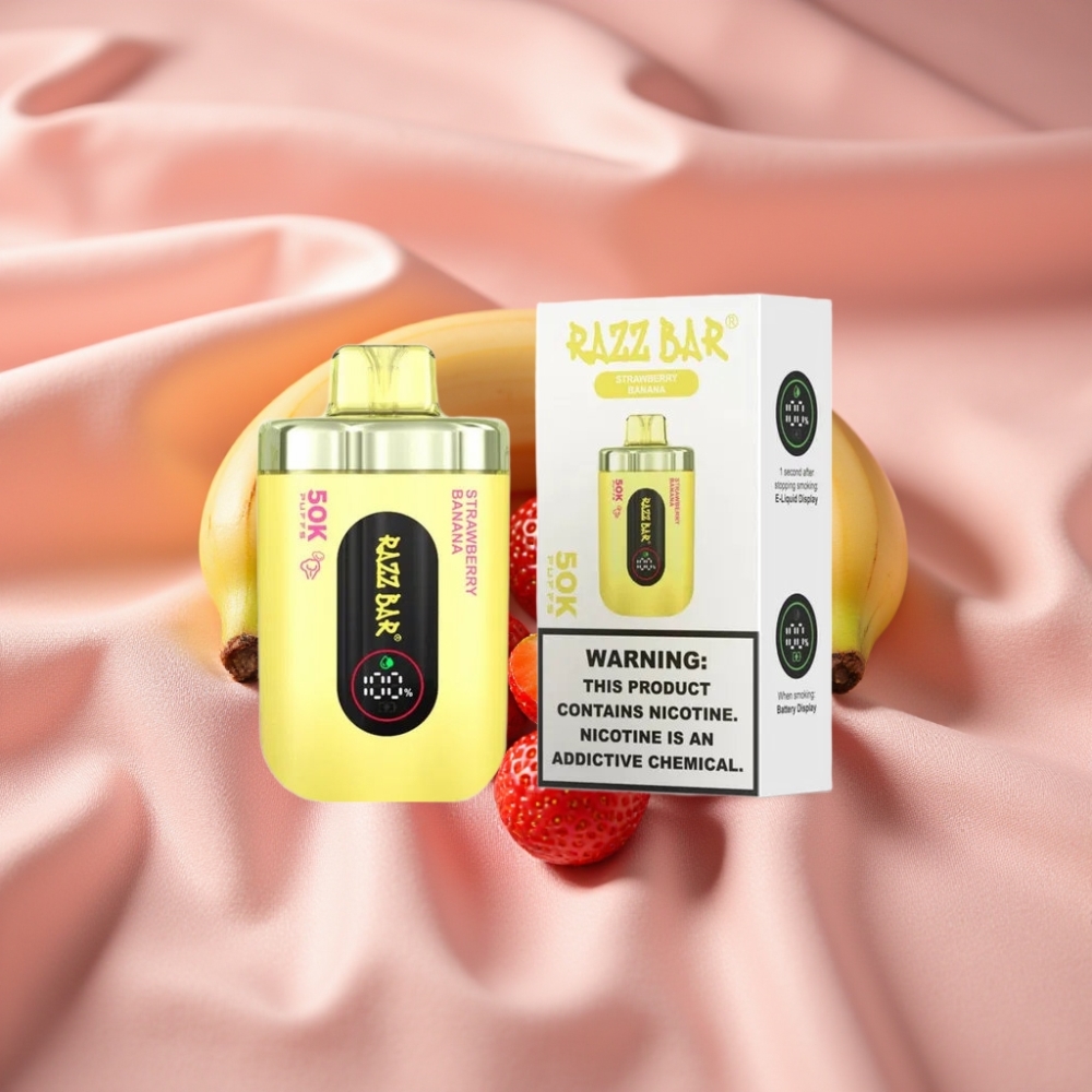 Razz Bar 50K Puffs Einweg-Vape Erdbeer-Banane mit 1,0 Ohm Mesh Coil, 650 mAh Akku, Typ-C Ladung, 2% Nikotin