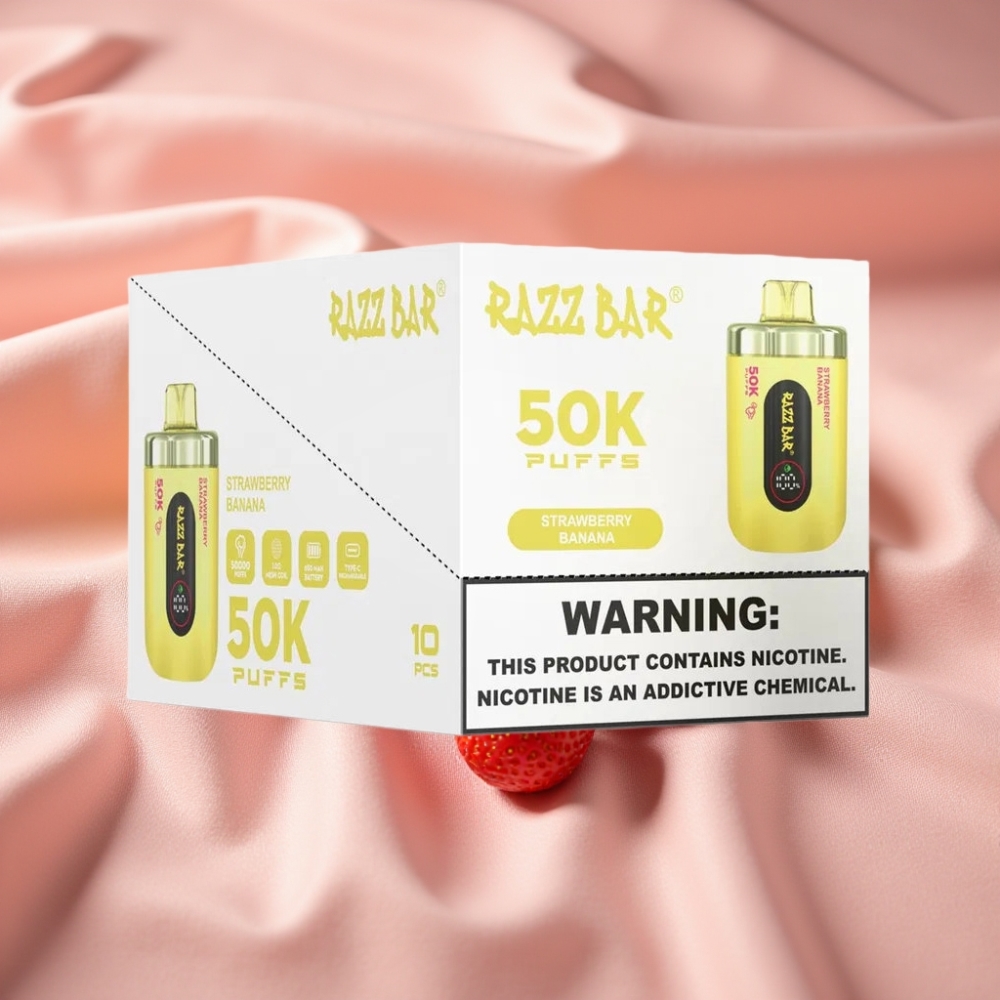 Razz Bar 50K Puffs Einweg-Vape Erdbeer-Banane mit 1,0 Ohm Mesh Coil, 650 mAh Akku, Typ-C Ladung, 2% Nikotin