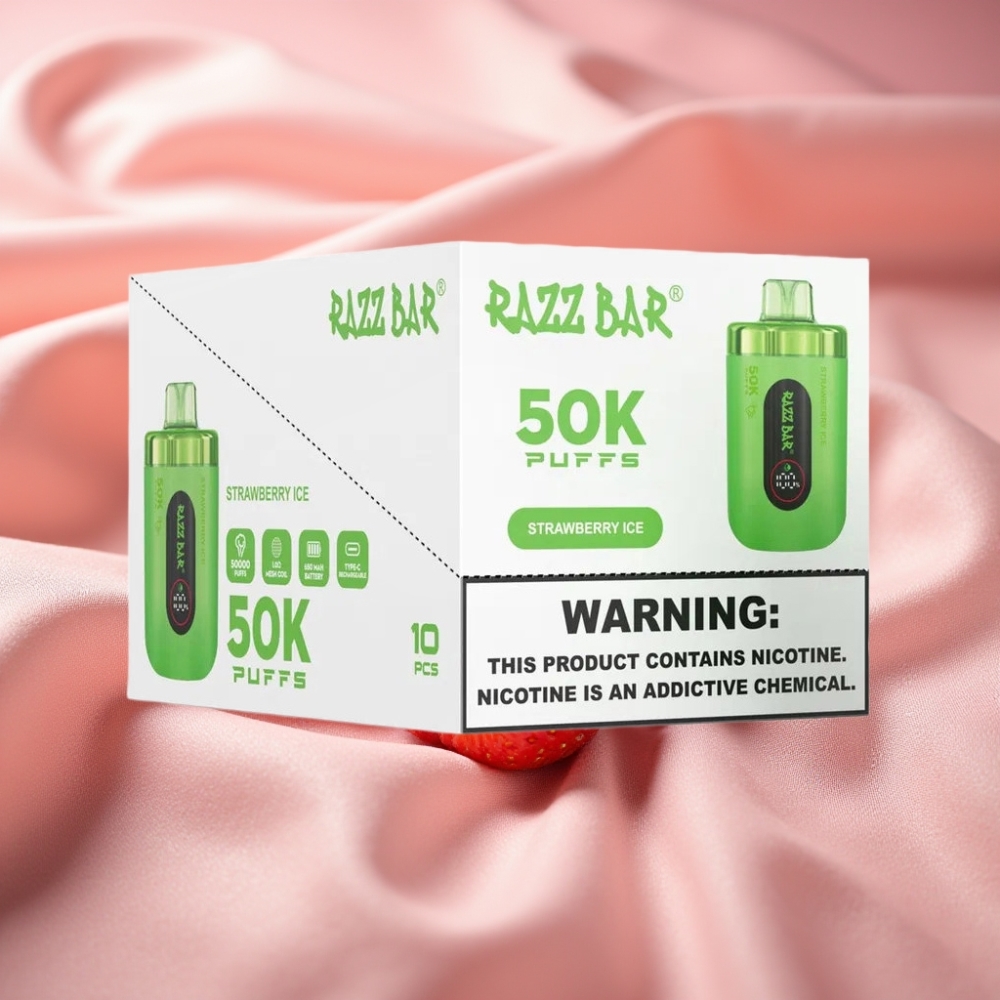 Razz Bar 50K Puffs Wegwerf-Vape Erdbeer-Eis | 1.0 Ohm Mesh Coil | Typ-C Ladbar | 650 mAh