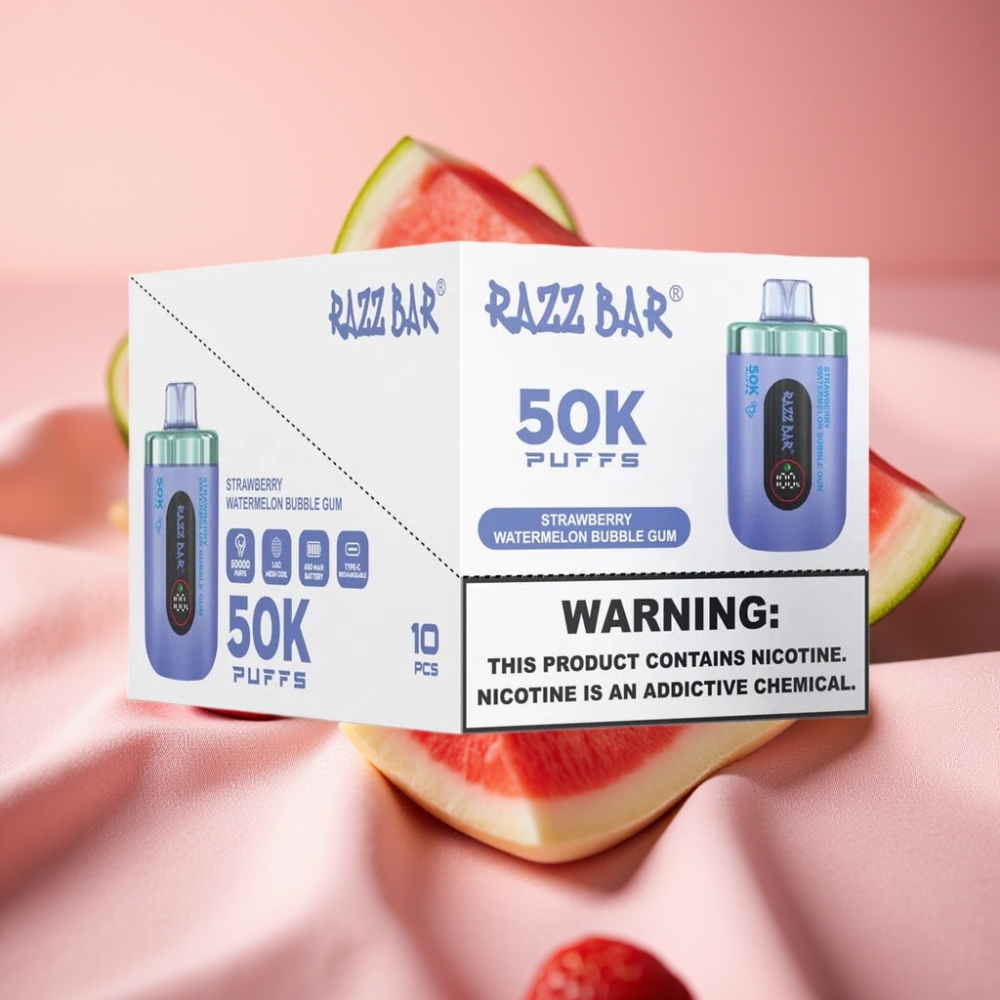 Razz Bar 50K Puffs Wegwerf-Vape Erdbeere Wassermelone Bubble Gum 1.0 Ohm Mesh 650mAh Typ-C 2% Nikotin