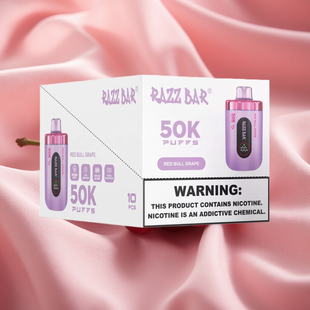 Razz Bar 50K Puffs Wegwerf-Vape Red Bull Grape mit 1,0 Ohm Mesh Coil, 650 mAh Akku, Type-C, 2% Nikotin