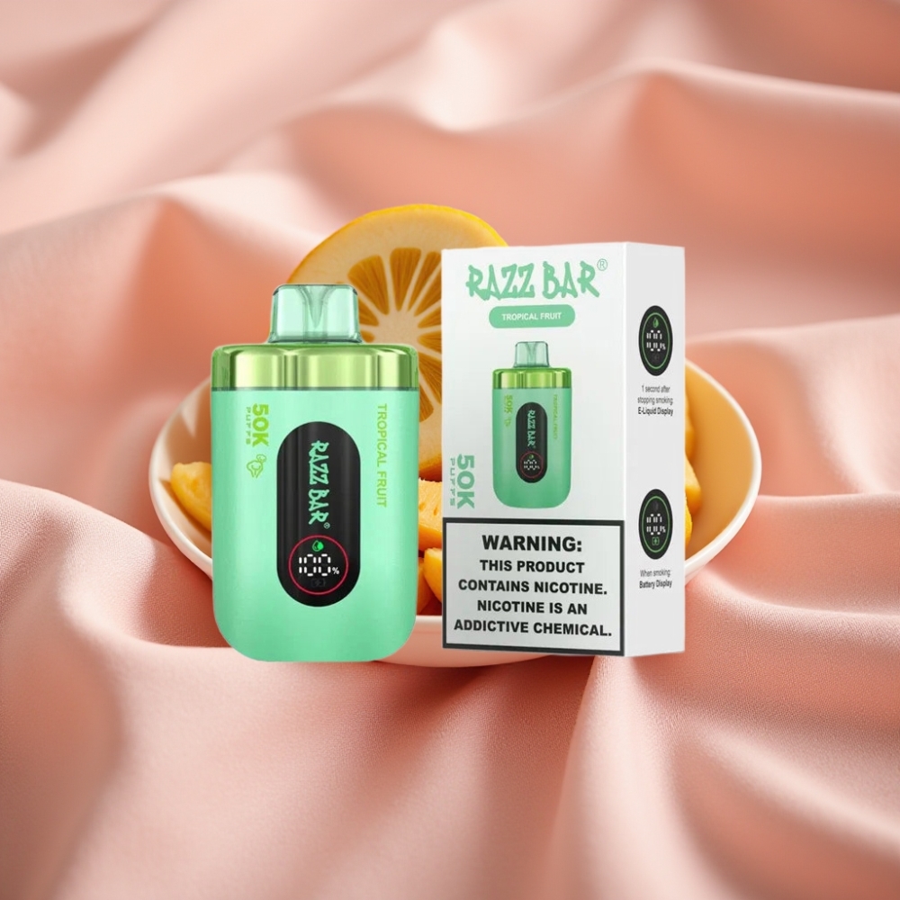 Razz Bar 50K Puffs Wegwerf-Vape Tropische Früchte mit 1,0 Ohm Mesh Coil, 650 mAh Akku, Typ-C Ladung